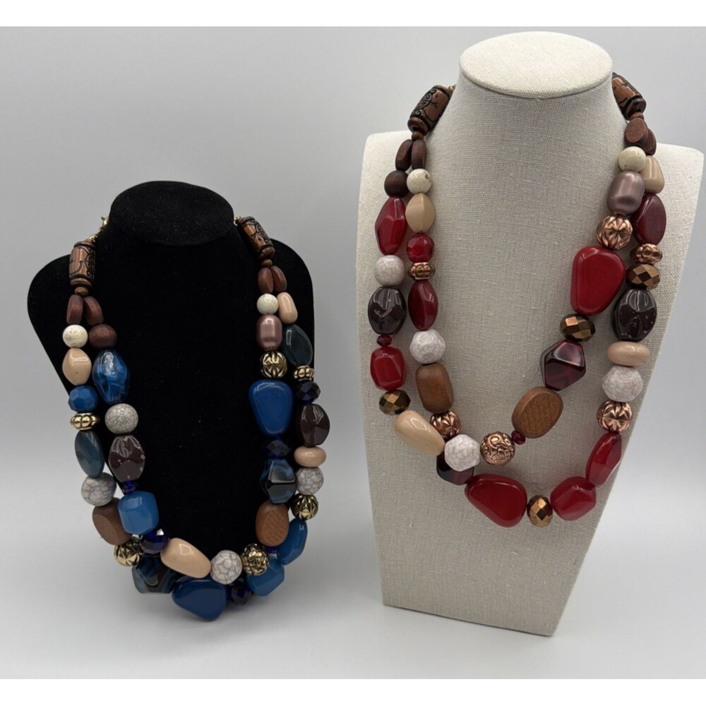BOCAR Chunky Beaded Necklace Lot 2 Multi Strand Statement Blue Red